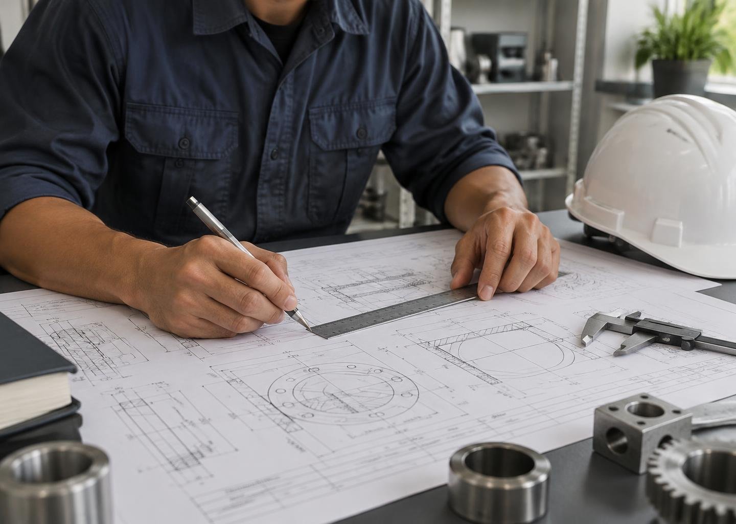 Illustrative engineer reviewing mechanical plans and technical drawings